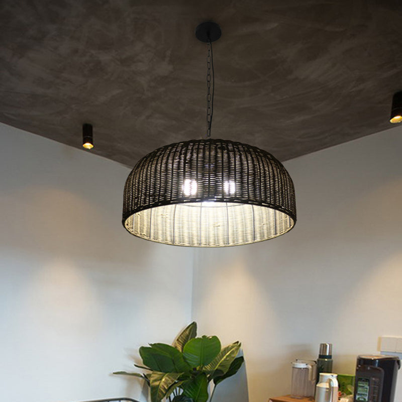 Wide Bowl Down Lighting Pendant Farm Bamboo 3-Head Coffee Chandelier Light Fixture