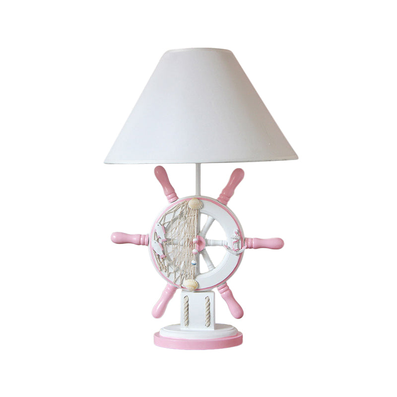 Lampada da tavolo per bambini in resina timone Lampada da scrivania a testa singola rosa/verde con paralume in tessuto bianco a botte