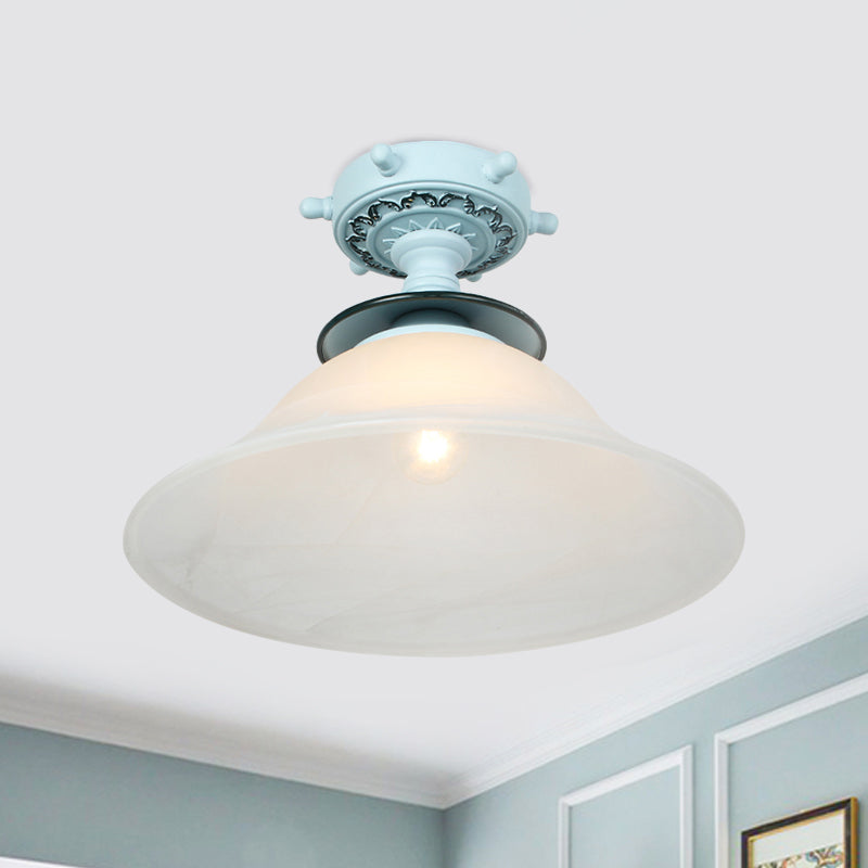Bell Ceiling Lighting Nautical Opaline Glass 1 Bulb Hallway Semi Flush Mount Light in Black/White/Blue