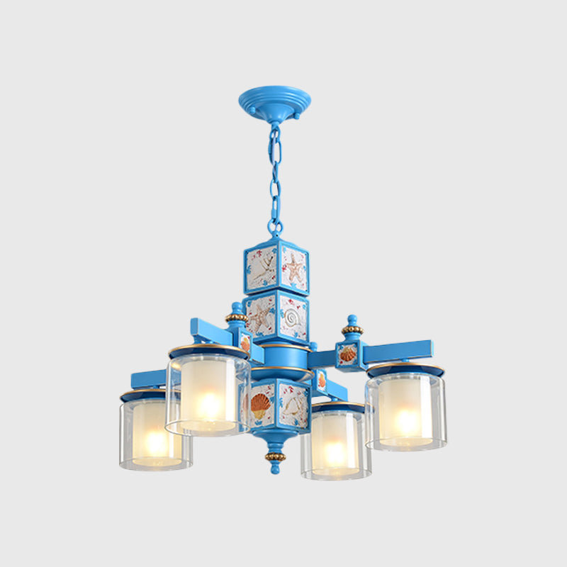 Lampadario a doppio cilindro a doppio cilindro di cielo/azzurro le lampadine Nordic 4 limpide e vetro opale con design conch