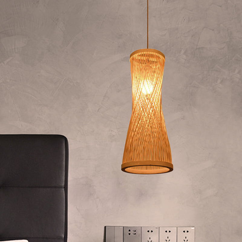 Hourglass Bamboo Suspension Pendant Loft Style 1 Light 6"/6.5" Wide Beige Down Lighting for Restaurant
