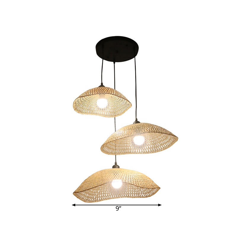 Beige Wavy Dome Cluster Anhängerlampe DOft 3 Lampen Bambus -Federung Licht für Esszimmer
