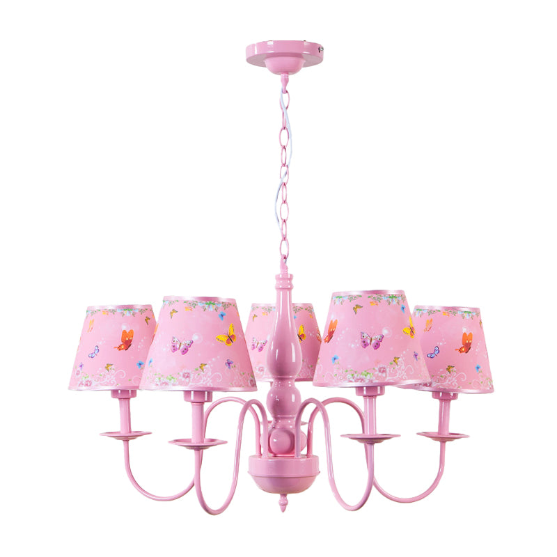 Pink Butterfly Pendant Light 5 Heads Contemporary Metal Chandelier avec une teinte en tissu pour la chambre de filles