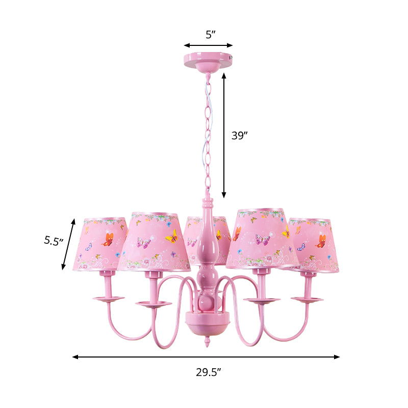 Pink Butterfly Pendant Light 5 Heads Contemporary Metal Chandelier avec une teinte en tissu pour la chambre de filles
