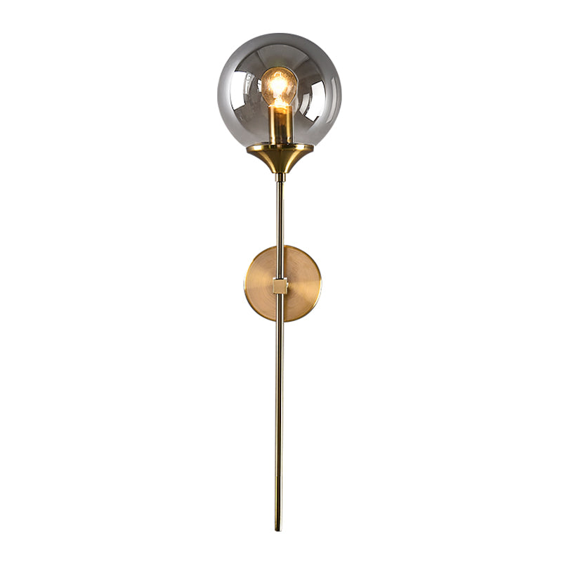 Simple Single Bulb Wall Mounted Lamp with Amber/Smoke Gray Glass Brass Sphere Sconce Light Fixture