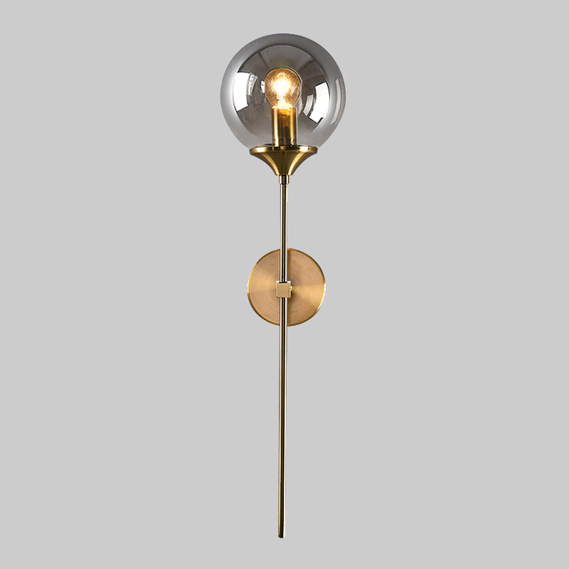 Simple Single Bulb Wall Mounted Lamp with Amber/Smoke Gray Glass Brass Sphere Sconce Light Fixture