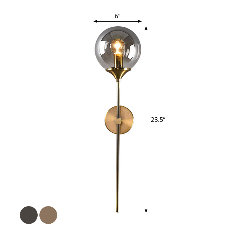 Simple Single Bulb Wall Mounted Lamp with Amber/Smoke Gray Glass Brass Sphere Sconce Light Fixture