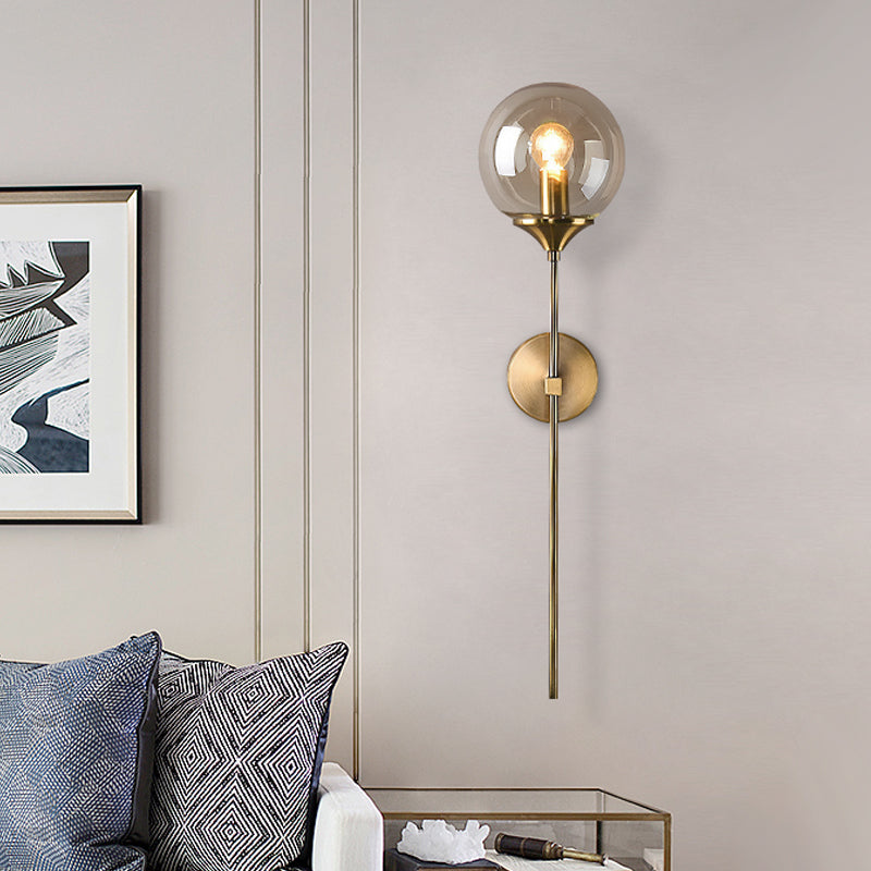 Simple Single Bulb Wall Mounted Lamp with Amber/Smoke Gray Glass Brass Sphere Sconce Light Fixture