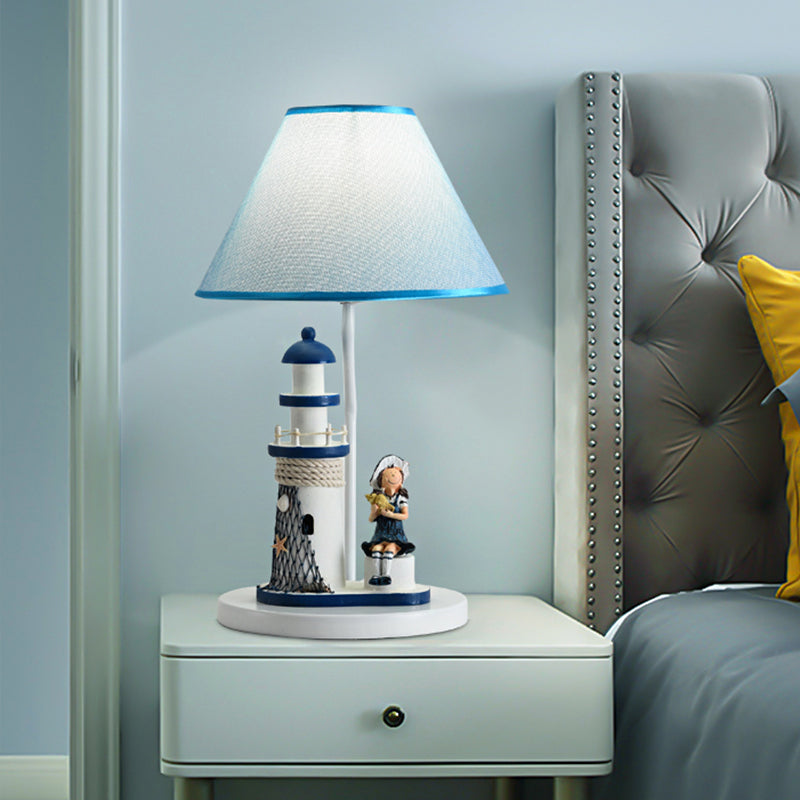 Barrel Shade Night Light Kids Stoff 1 Kopfblaue Tischlampe mit Cartoon Mädchen/Jungen und Leuchtturmdekoration