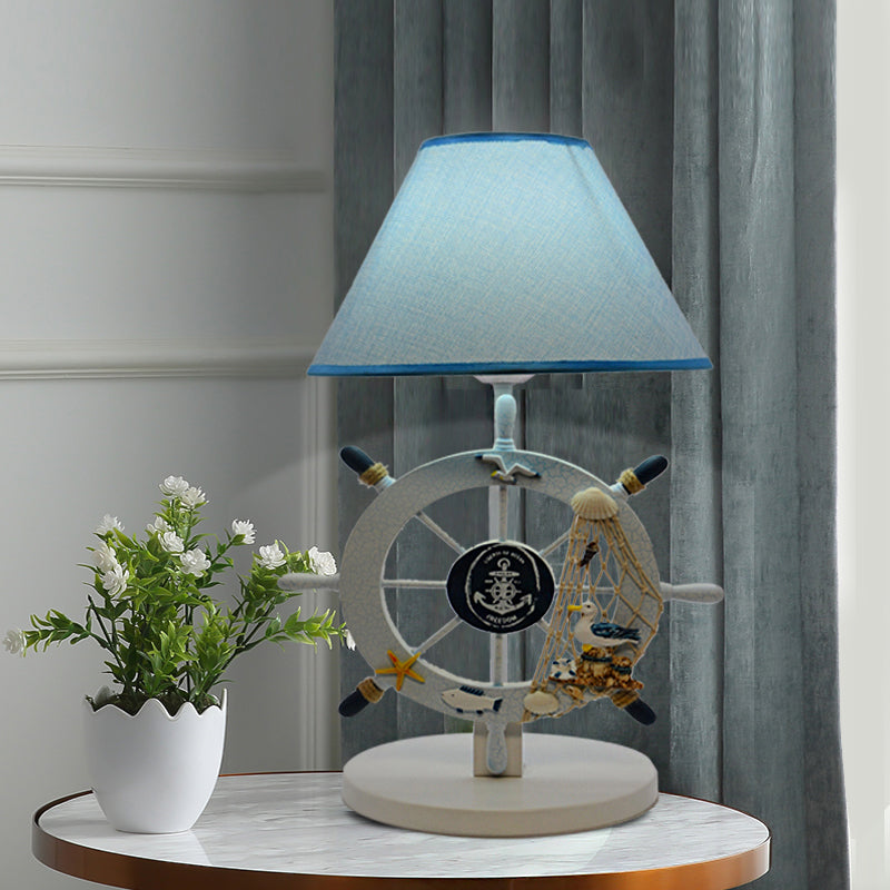 Couet de table de tissu Carton 1-Bulb Blue Night-tands Éclairage avec base de gouvernail en bois