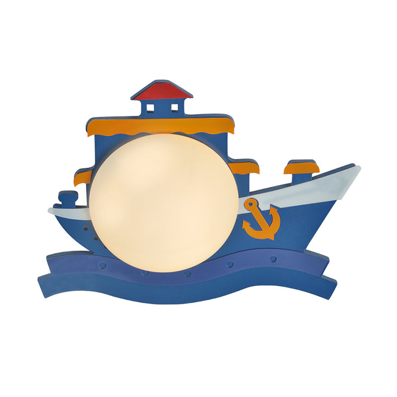 Pirate Ship Wooden Wall Mounted Fixture Kids Pink/Blue LED Wall Sconce Lighting with Round Opal Glass Shade