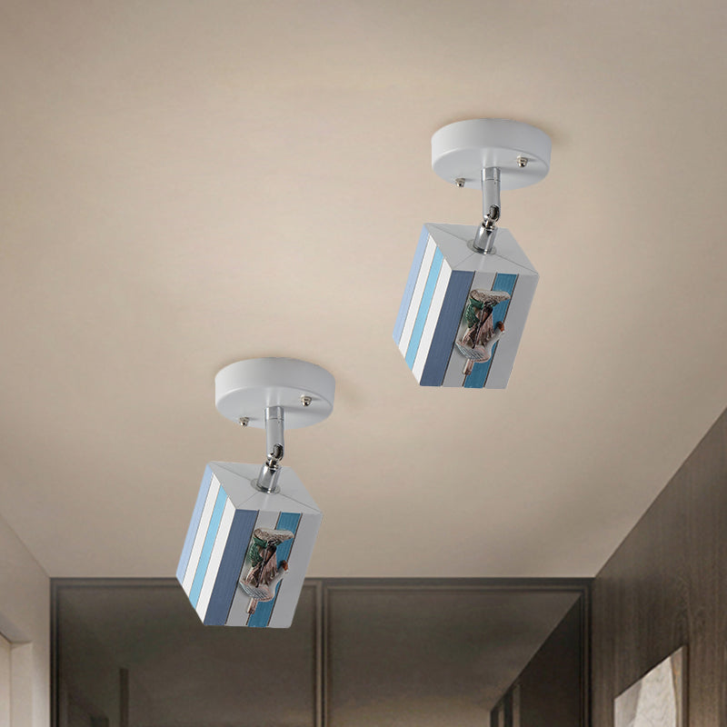 Cubic Resin Ceiling Mounted Fixture Modern 1 Light Sky Blue/Green/Coffee Semi Flush Lamp with Seagull/Ship/Starfish Deco