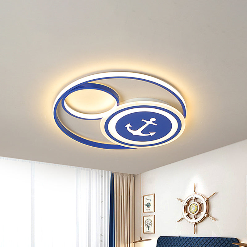 Disk Flush Ceiling Light Mediterranean Acrylic 16"/19.5" W LED Blue Flushmount Lighting in Warm/White Light for Kids Room