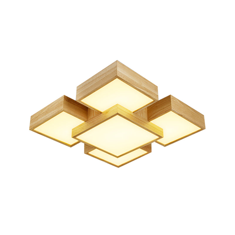 Beige Square Flush Mount Light Fixture Modernist 26"/31.5" Width LED Wood Ceiling Lighting