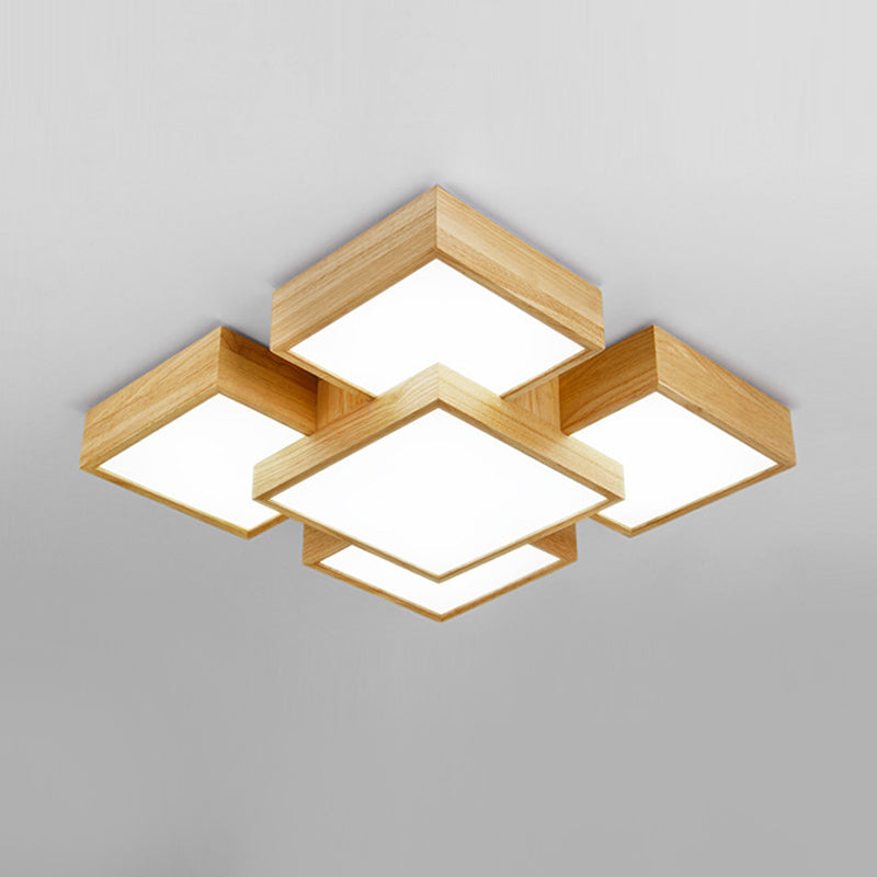 Beige Square Flush Mount Light Fixture Modernist 26"/31.5" Width LED Wood Ceiling Lighting