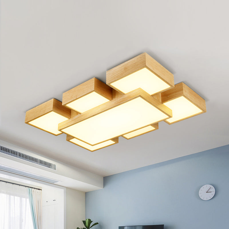 Beige Square Flush Mount Light Fixture Modernist 26"/31.5" Width LED Wood Ceiling Lighting