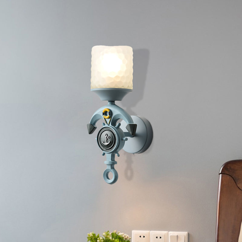 Anchor Resin Wall Lighting Fixture Modernism 1 Bulb Blue Wall Mount Light with Cylindrical Dimpled Glass Shade