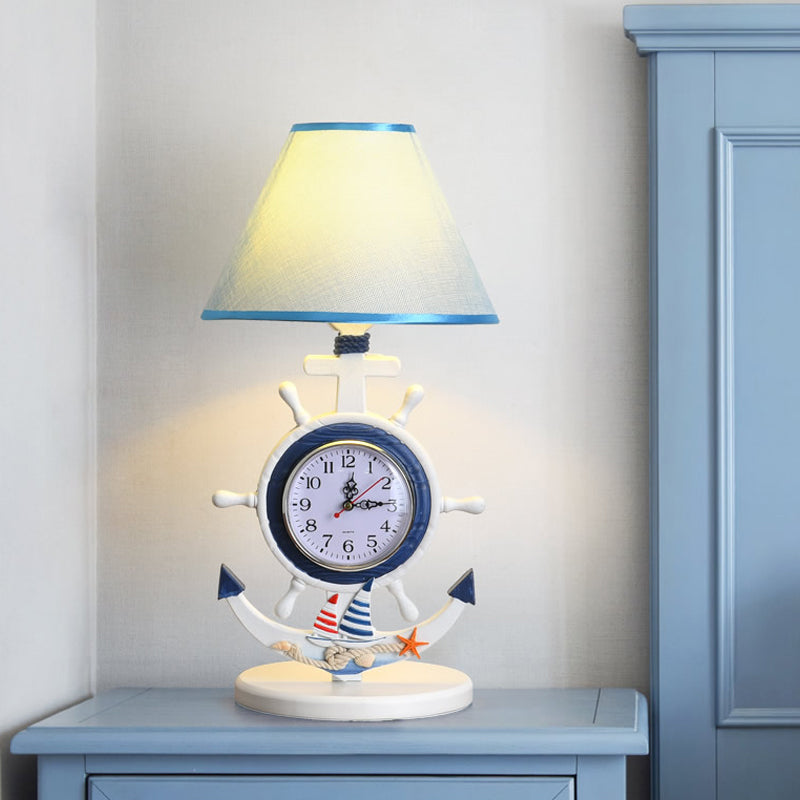 1 Bulb Bedchamber Desk Lamp Kids Blue Table Light with Conical Fabric Shade and Clock Design