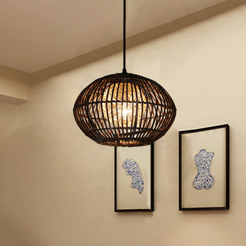 Spherical Cage Dining Room Ceiling Lamp Bamboo 1 Head Loft Style Hanging Pendant Light in Beige, 16"/21.5" Wide