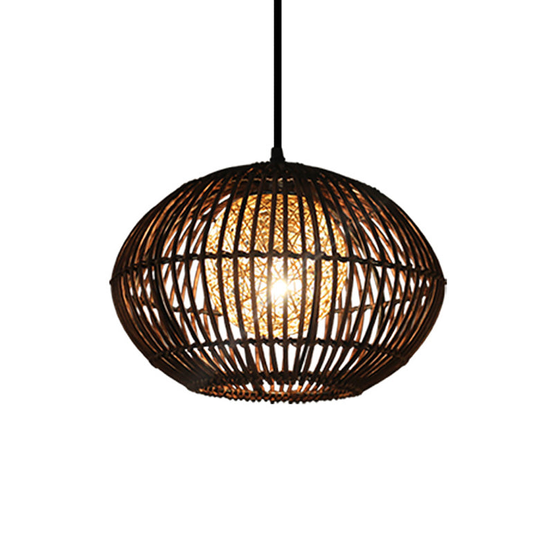 Spherical Cage Dining Room Ceiling Lamp Bamboo 1 Head Loft Style Hanging Pendant Light in Beige, 16"/21.5" Wide