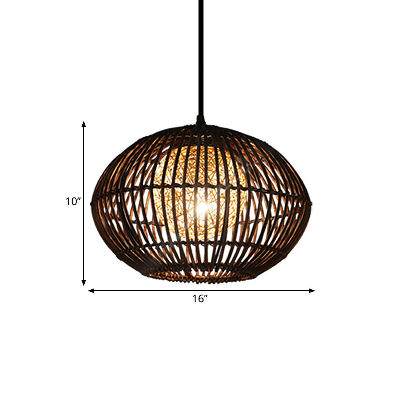 Spherical Cage Dining Room Ceiling Lamp Bamboo 1 Head Loft Style Hanging Pendant Light in Beige, 16"/21.5" Wide