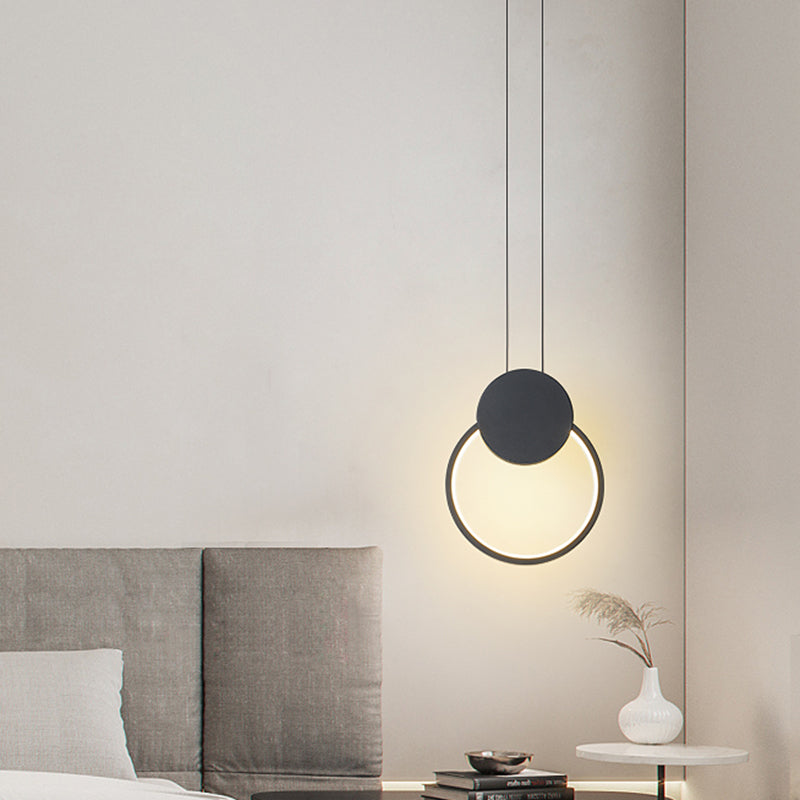 Modernism LED Down Mini Pendant Black/White Annular Hanging Lamp Kit with Metal Shade in Warm/White Light