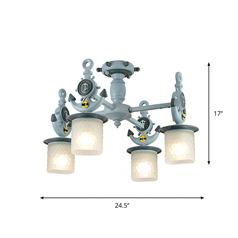 Cylinder Ceiling Light Fixture Modernist Frosted Dimpled Glass 4 Bulbs Nursery Semi Flush with Anchor Design in Blue