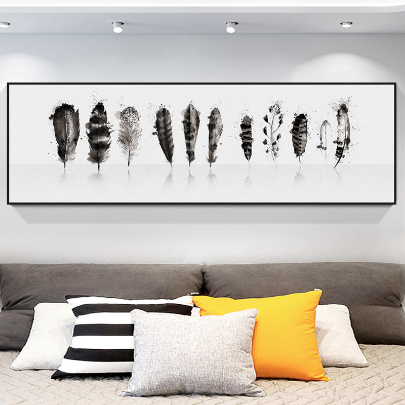 Contemporary Style Feather Pattern Wall Art Decor Black Living Room Wrapped Canvas