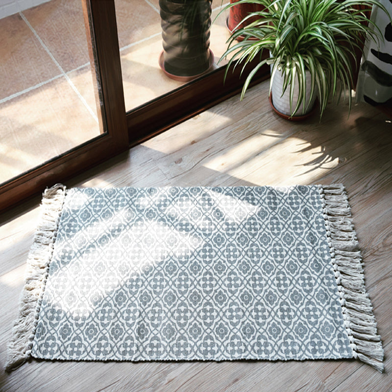 Moroccan Tribal Floral Pattern Rug Blue and Grey Cotton Rug Non-Slip Pet Friendly Washable Carpet for Living Room