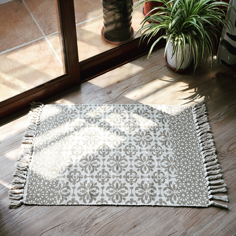 Moroccan Tribal Floral Pattern Rug Blue and Grey Cotton Rug Non-Slip Pet Friendly Washable Carpet for Living Room