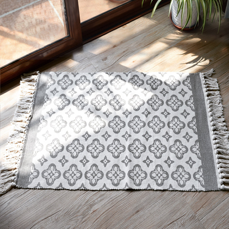Moroccan Tribal Floral Pattern Rug Blue and Grey Cotton Rug Non-Slip Pet Friendly Washable Carpet for Living Room