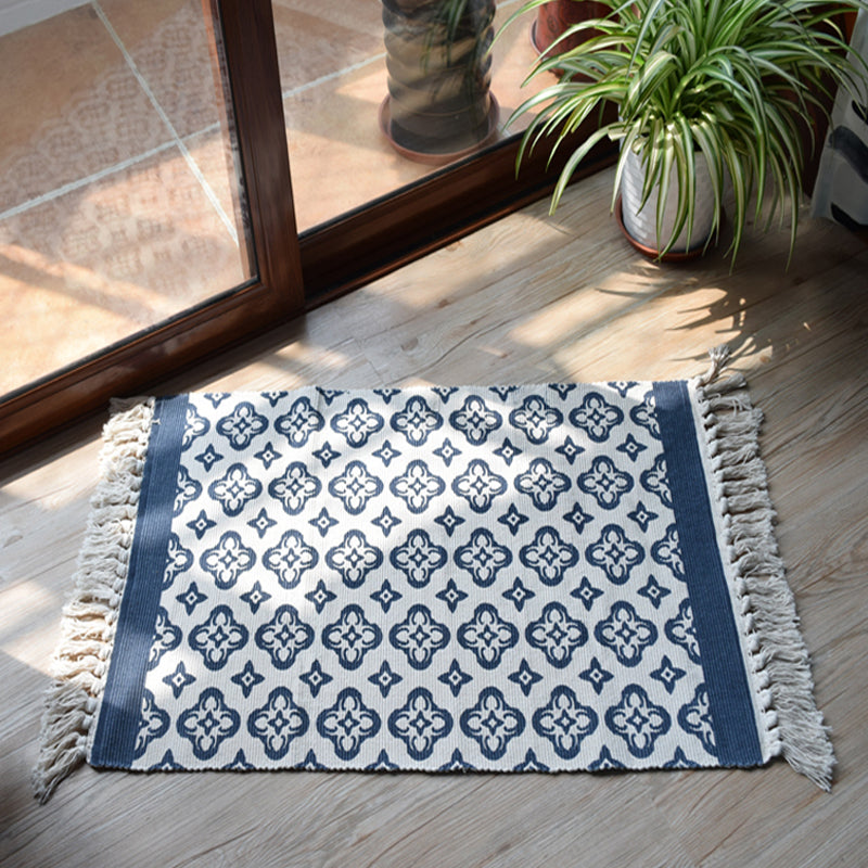 Moroccan Tribal Floral Pattern Rug Blue and Grey Cotton Rug Non-Slip Pet Friendly Washable Carpet for Living Room