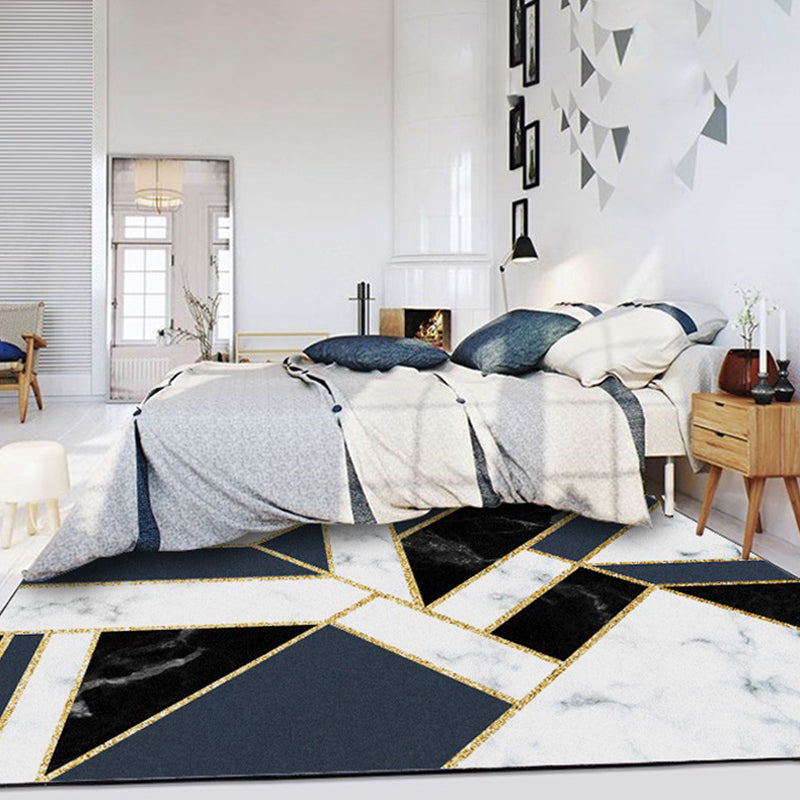 Modern Geometric Pattern Rug with Marble Surface Black Polypropylene Carpet Anti-Slip Pet Friendly Washable Rug for Parlor