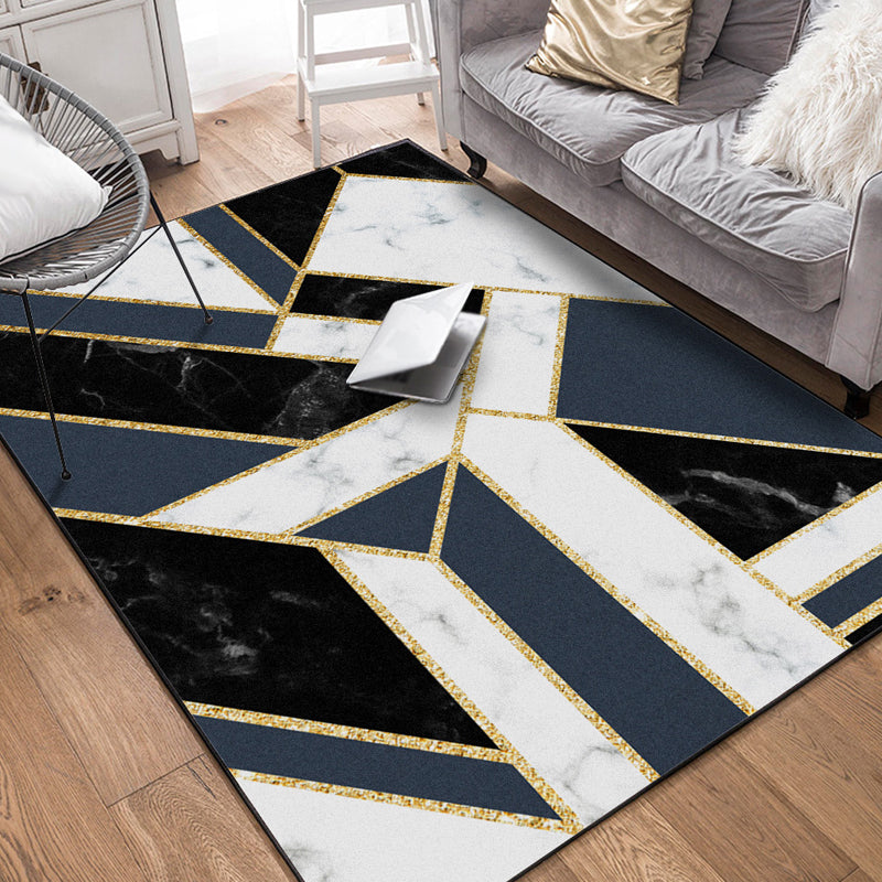 Modern Geometric Pattern Rug with Marble Surface Black Polypropylene Carpet Anti-Slip Pet Friendly Washable Rug for Parlor