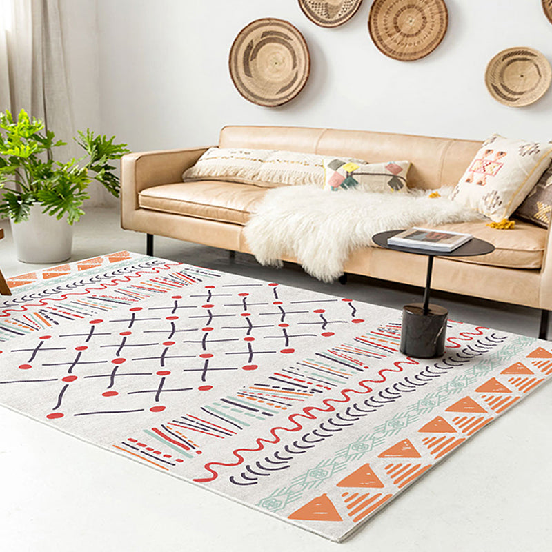 Southwestern Living Room Carpet White Tribal Geometry Pattern Rug Polyester Washable Non-Slip Pet Friendly Rug