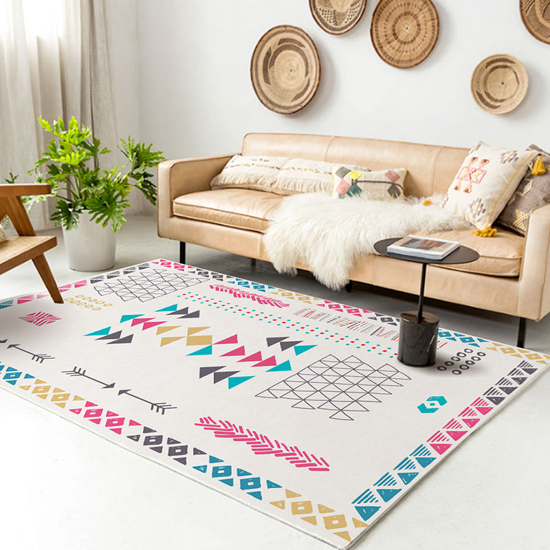 Southwestern Living Room Carpet White Tribal Geometry Pattern Rug Polyester Washable Non-Slip Pet Friendly Rug