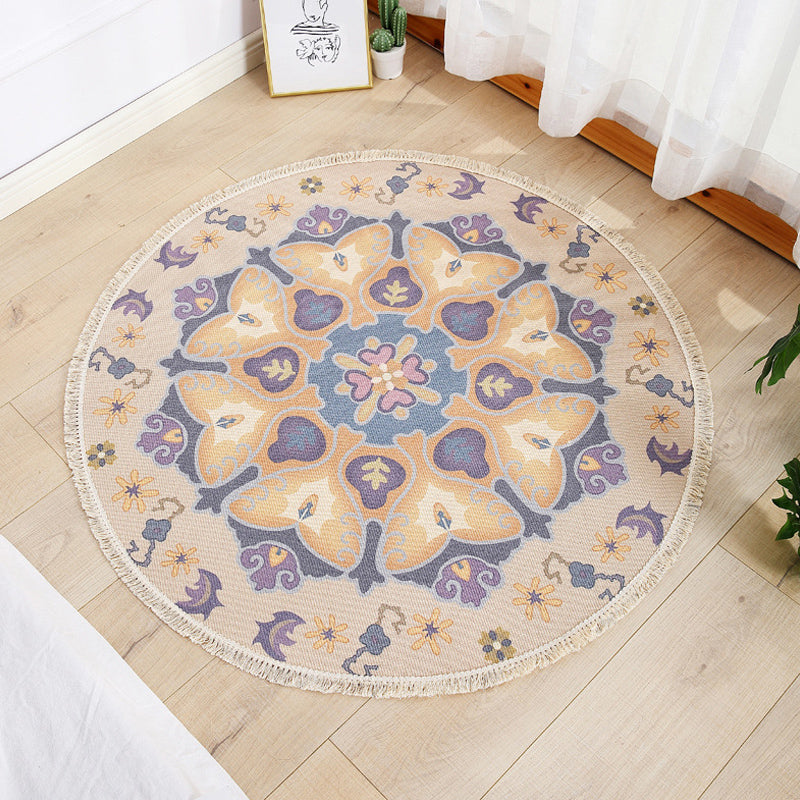 Multi Color Parlour Rug Moroccan Tribal Flower Pattern Rug Flax Washable Anti-Slip Backing Pet Friendly Area Carpet