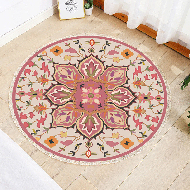 Multi Color Parlour Rug Moroccan Tribal Flower Pattern Rug Flax Washable Anti-Slip Backing Pet Friendly Area Carpet