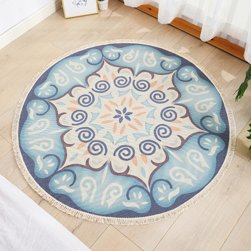 Multi Color Parlour Rug Moroccan Tribal Flower Pattern Rug Flax Washable Anti-Slip Backing Pet Friendly Area Carpet