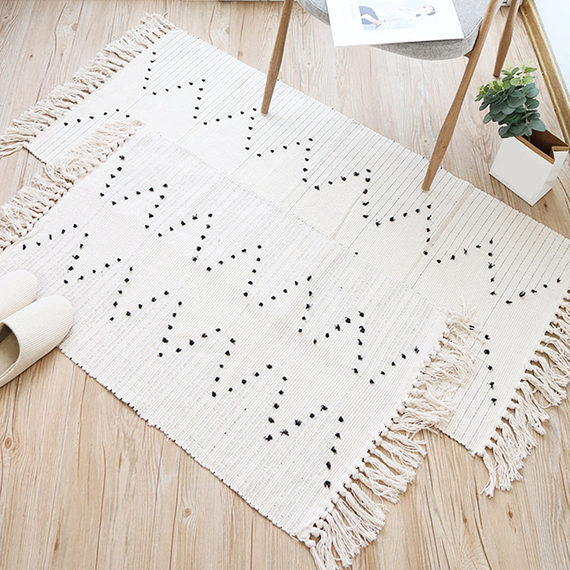 Southwestern Striped Pattern Rug White Cotton Rug Non-Slip Pet Friendly Washable Carpet for Living Room