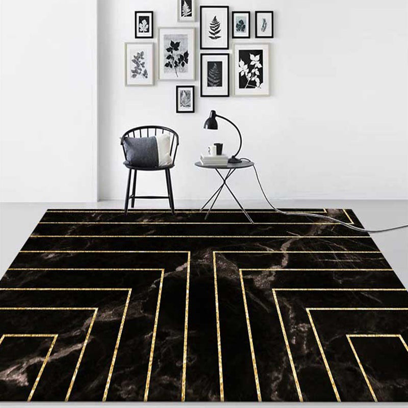 Black Marble Surface Pattern Area Rug with Stripe Polyester Modern Rug Washable Anti-Slip Backing Rug for Decoration