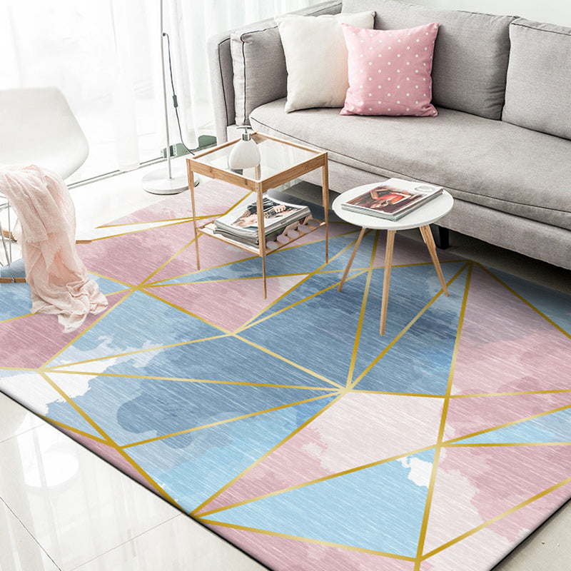 Blue Geometric Pattern Rug Polyester Modern Rug Washable Non-Slip Pet Friendly Carpet for Living Room