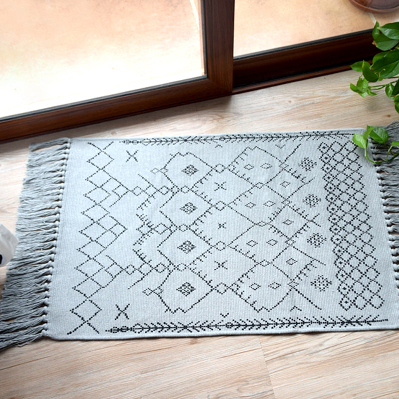 Southwestern Tribal Pattern Rug Blue and Black Cotton Rug Non-Slip Pet Friendly Washable Carpet for Living Room