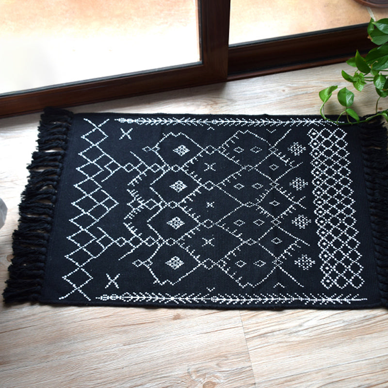 Zuidwestelijke tribale patroon Tapijt blauw en zwart katoenen tapijt niet-slip huisdiervriendelijk wasbaar tapijt voor woonkamer