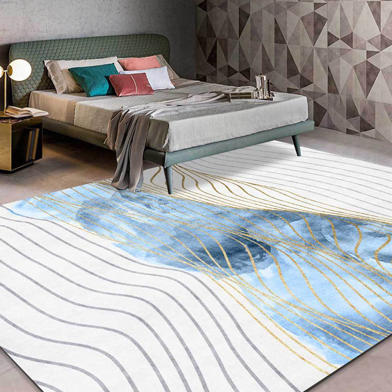 Blue Decoration Rug Modernism Swirl Striped Pattern Rug Polypropylene Machine Washable Non-Slip Backing Carpet