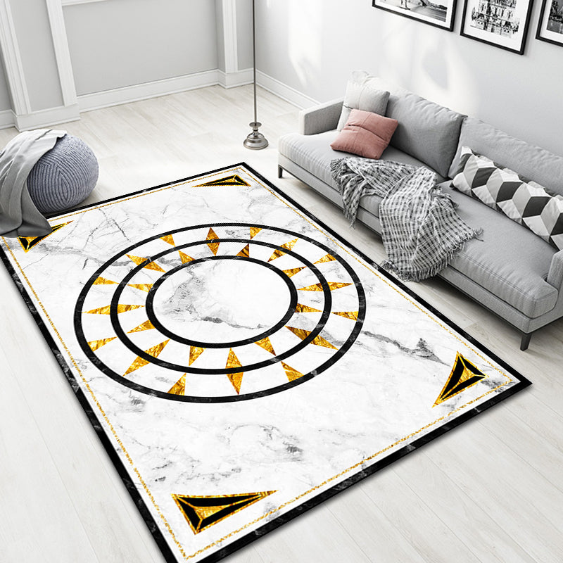 White Geometric Pattern Rug with Marble Surface Polyester Modern Rug Washable Non-Slip Pet Friendly Carpet for Living Room