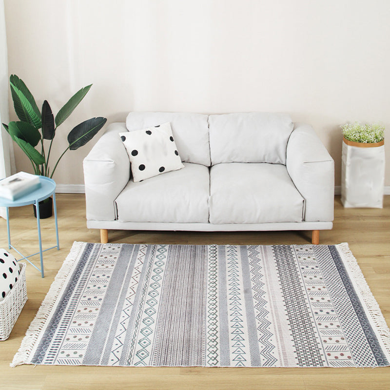 Multicoloured Tribal Stripe Pattern Rug Flax Bohemian Rug Pet Friendly Washable Non-Slip Area Rug for Living Room