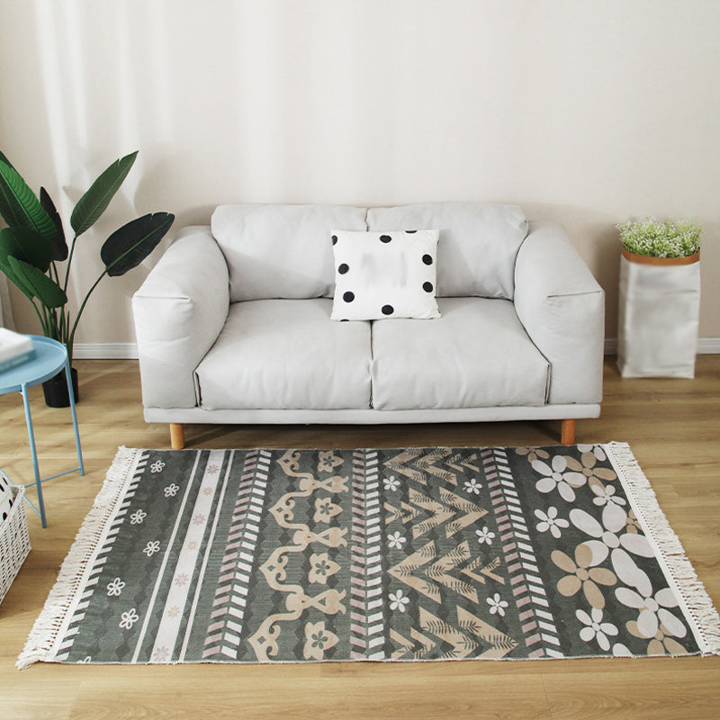 Multicoloured Tribal Stripe Pattern Rug Flax Bohemian Rug Pet Friendly Washable Non-Slip Area Rug for Living Room