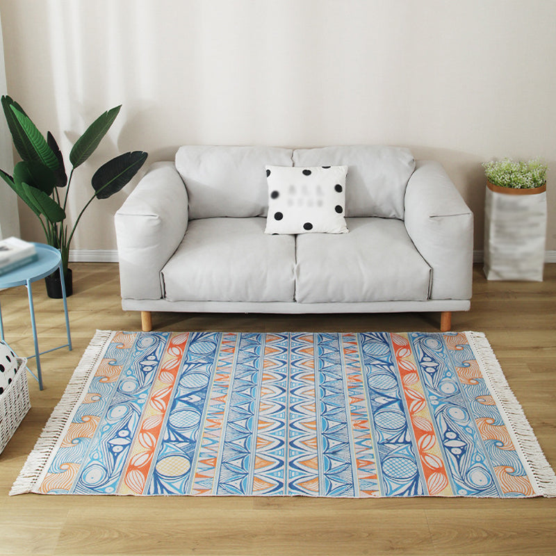 Multicoloured Tribal Stripe Pattern Rug Flax Bohemian Rug Pet Friendly Washable Non-Slip Area Rug for Living Room