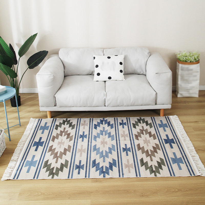 Multicoloured Tribal Stripe Pattern Rug Flax Bohemian Rug Pet Friendly Washable Non-Slip Area Rug for Living Room